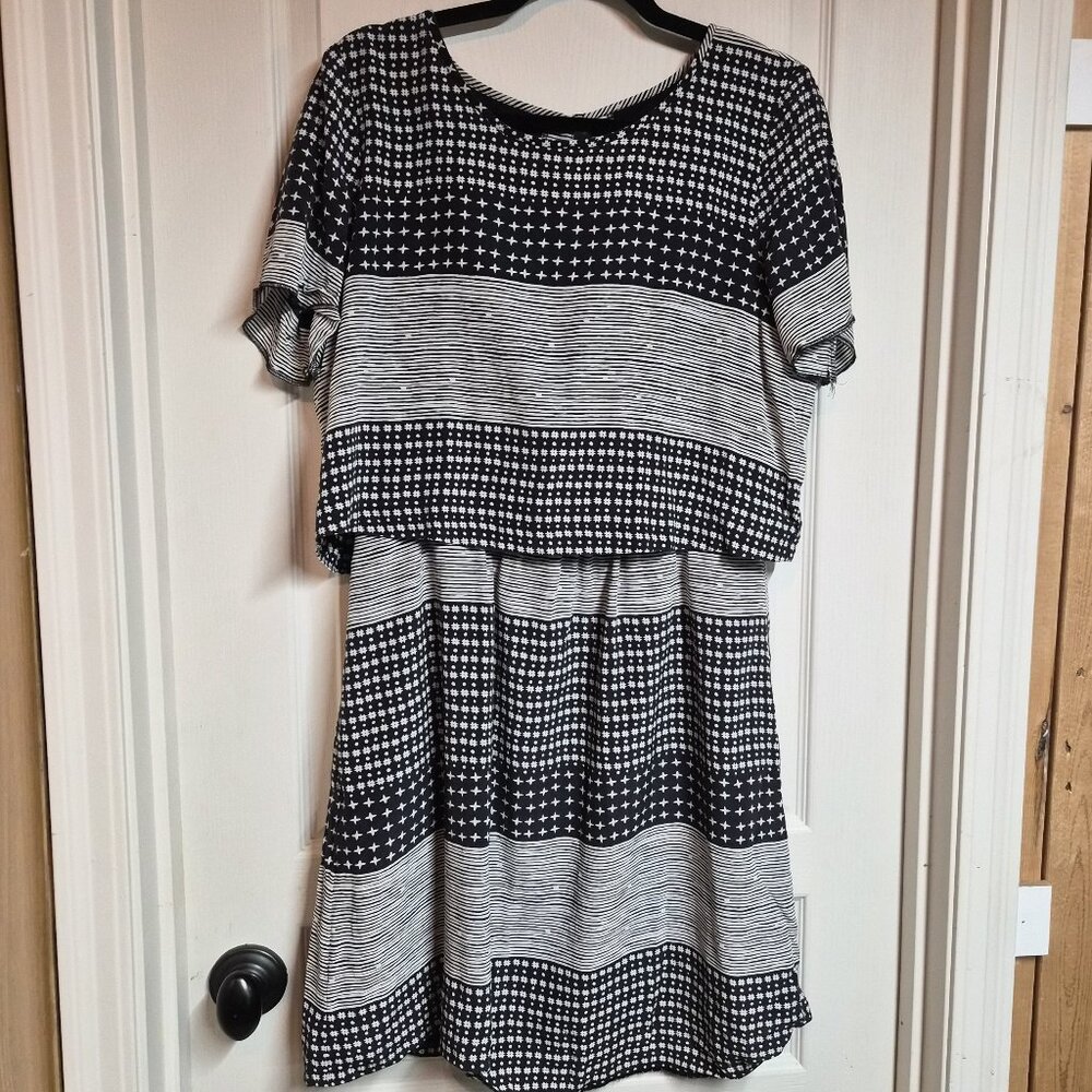 Madewell Silk‎ Mixed Print Short Sleeve Dress Black White Geometric Size 12